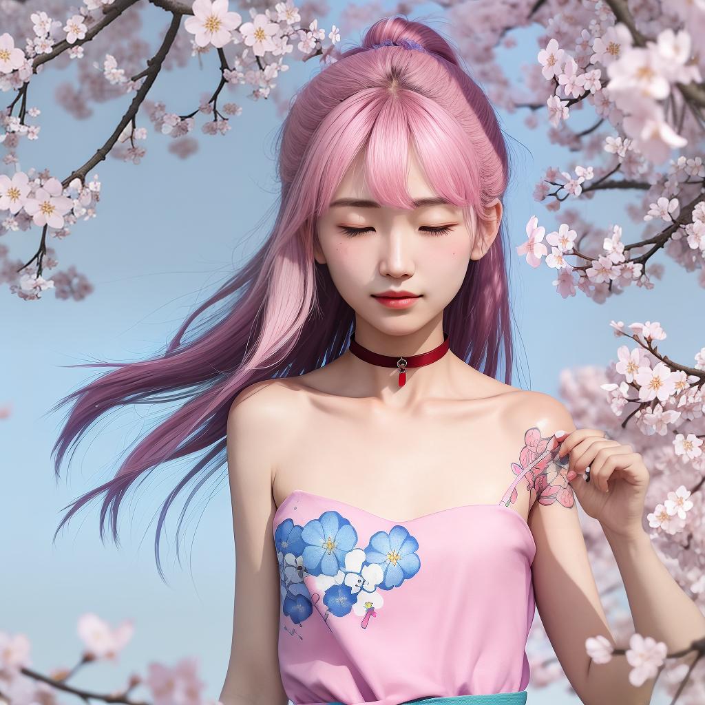  masterpiece, best quality, Small thin collar bone tattoo with cherry blossoms and forget me nots petals changing to pink cancer ribbons being blown in the wind