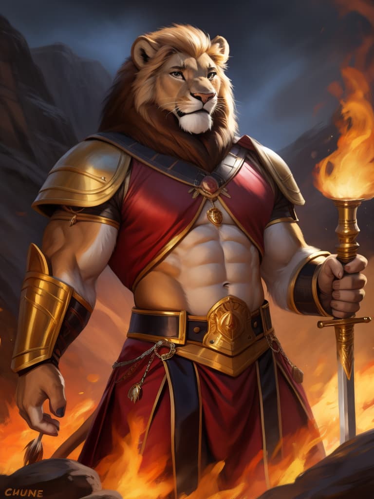  By chunie, by Zaush, portrait, full body, full view, photorealistic, anthro, male, lion, scar on face, standing, red and gold armor:2, golden sword, surrounded by flames, fireland, fire in background, ultra detailed flame, ultra detailed red and gold armor, sfw, thick body, muscular body, stare at the camera, open eyes, digital art, masterpiece, 4k, fine details,