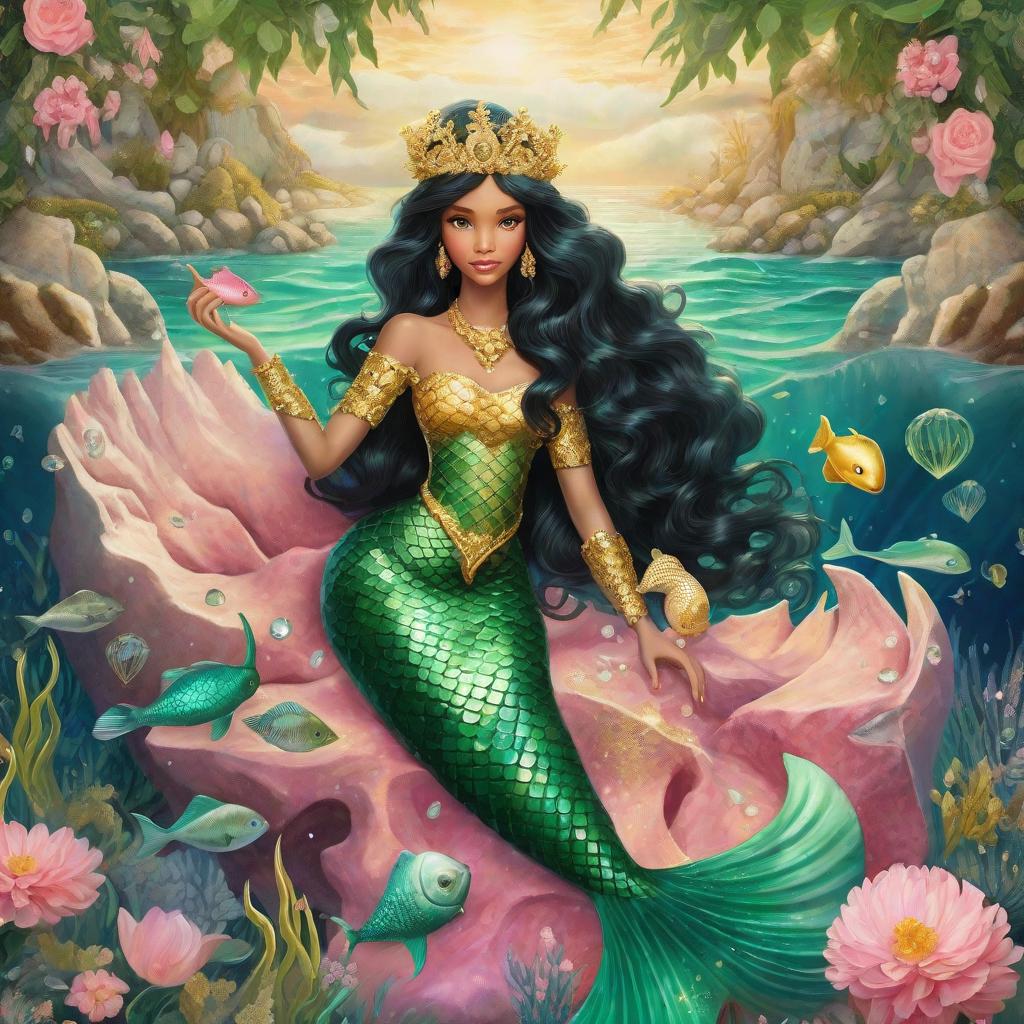  masterpiece, best quality, Mermaid with black hair and 1 single strand with gold hair, shes in the ocean holding a big pink pearl and with a flower crown in her hair, with green gold eyes and her mermaid tale is diamond and gold, her nails are emerald.