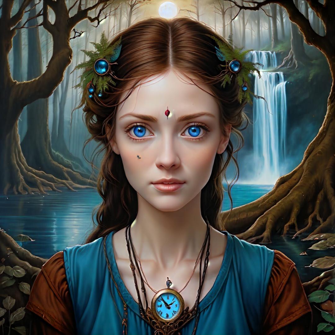  Split the picture into moon and sun. portrait of a woman in love aged 45, blue eyes, red hair, in a forest, timeless, timepiece, scrapbook with analog, high quality, detailed, photo realism, style of esao andrews, perfect detailed eyes Ancient Trees. Roots. Waterfalls. Half night and half day magical and haunting. Trees Pools With Reflections. High Detail, Highly defined, highly detailed, sharp focus, (centered image composition), 4K, 8K