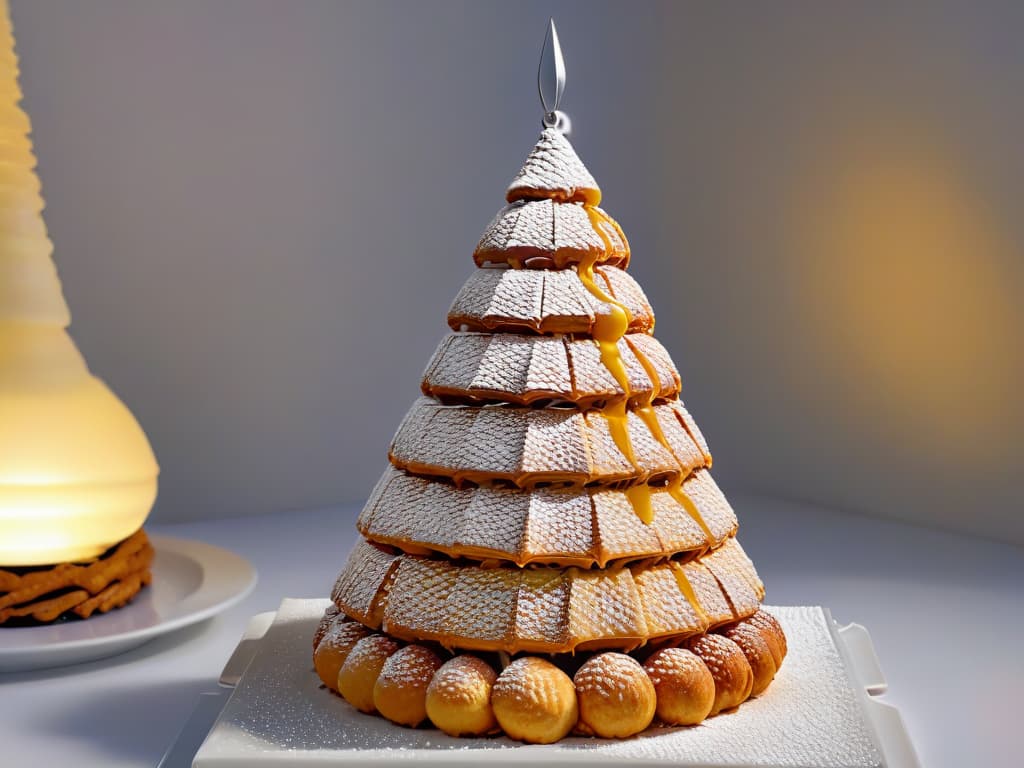  An 8k ultradetailed image of an elegantly plated croquembouche, a traditional French dessert attributed to Antonin Carême, showcasing perfectly golden caramelized choux pastry balls stacked in a pyramid shape with delicate spun sugar decorations cascading down its sides. The dessert is set on a pristine white porcelain platter, creating a visually striking contrast that highlights the intricate details and craftsmanship of the sweet masterpiece. hyperrealistic, full body, detailed clothing, highly detailed, cinematic lighting, stunningly beautiful, intricate, sharp focus, f/1. 8, 85mm, (centered image composition), (professionally color graded), ((bright soft diffused light)), volumetric fog, trending on instagram, trending on tumblr, HDR 4K, 8K