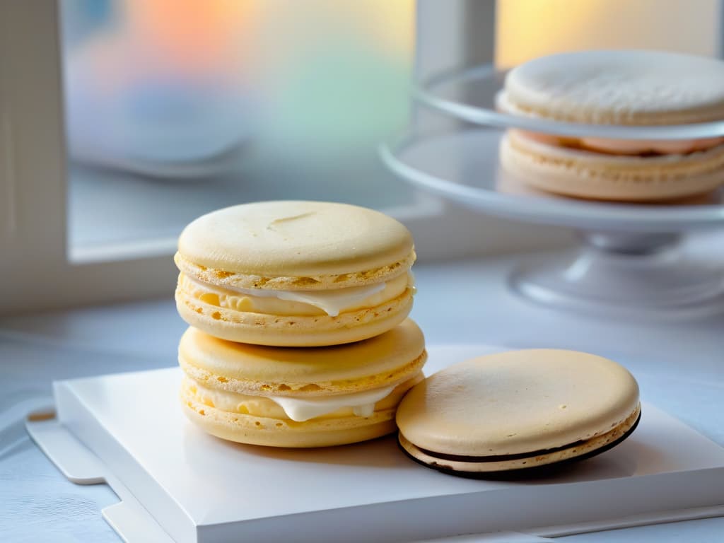  A serene and elegant kitchen counter with a marble top, featuring neatly arranged baking tools including a rolling pin, pastry cutter, and measuring spoons. A stack of pastelcolored macarons is placed delicately on a cooling rack, steam rising from a freshly baked batch. Soft natural light filters through a nearby window, casting a gentle glow on the scene, highlighting the intricate details of the textured surface of the macarons. The overall aesthetic is clean, sophisticated, and inviting, exuding a sense of calm and creativity. hyperrealistic, full body, detailed clothing, highly detailed, cinematic lighting, stunningly beautiful, intricate, sharp focus, f/1. 8, 85mm, (centered image composition), (professionally color graded), ((bright soft diffused light)), volumetric fog, trending on instagram, trending on tumblr, HDR 4K, 8K