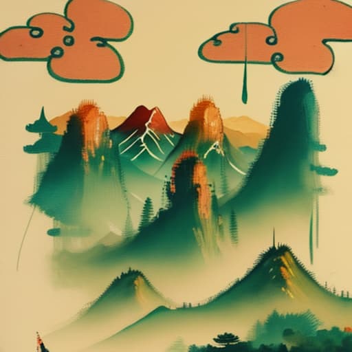  Chinese style landscape painting, mountains, rivers, clouds