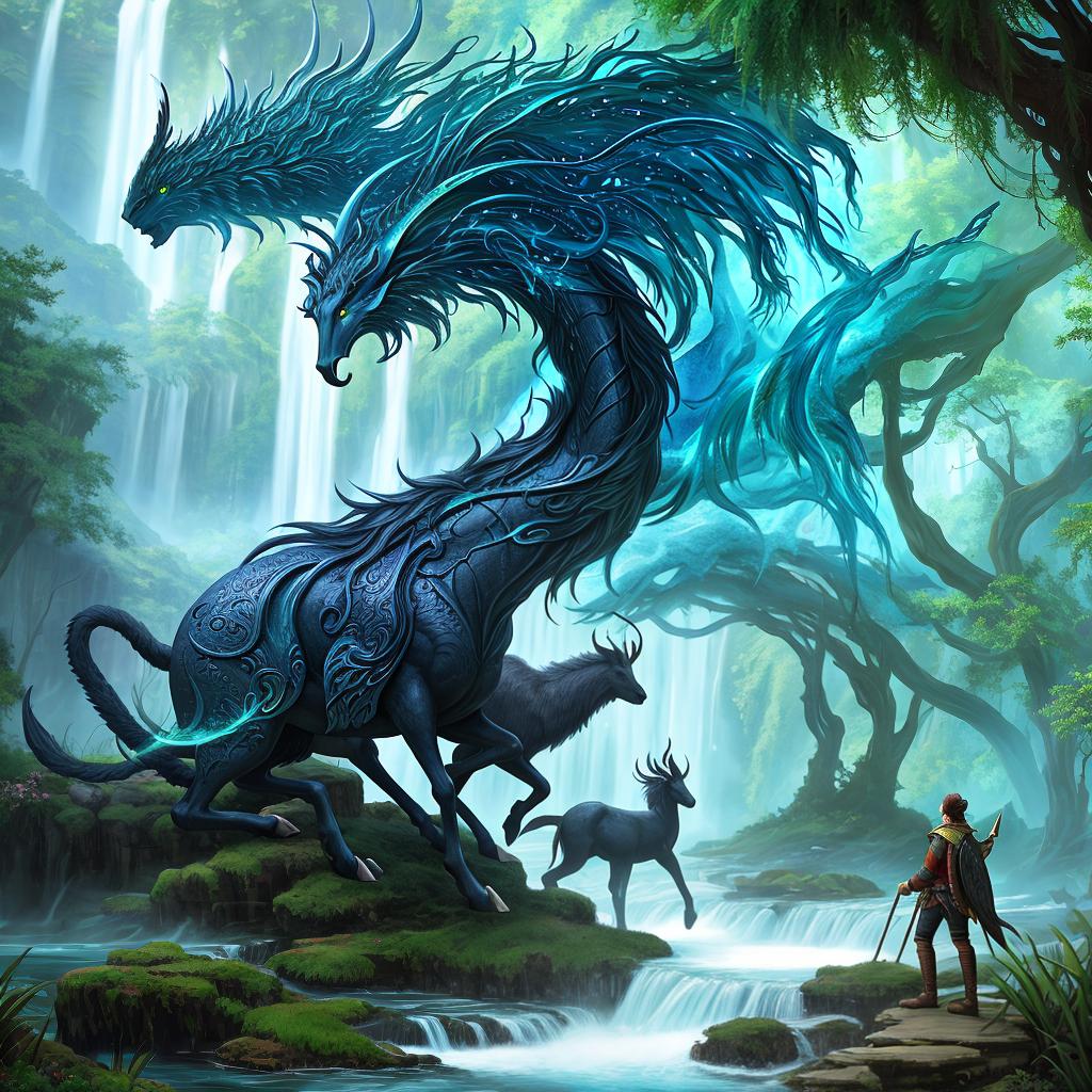  in a fantasy setting, Paint a surreal landscape where mythical beasts roam amidst cascading waterfalls.