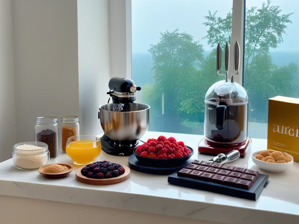  An ultradetailed image of a pristine white marble kitchen countertop adorned with an array of meticulously arranged baking tools and ingredients, including a sleek stand mixer, precise measuring spoons, vibrant berries, and a stack of gourmet chocolate bars. The soft natural light filtering through a nearby window casts gentle shadows, enhancing the textures and colors of the scene. hyperrealistic, full body, detailed clothing, highly detailed, cinematic lighting, stunningly beautiful, intricate, sharp focus, f/1. 8, 85mm, (centered image composition), (professionally color graded), ((bright soft diffused light)), volumetric fog, trending on instagram, trending on tumblr, HDR 4K, 8K