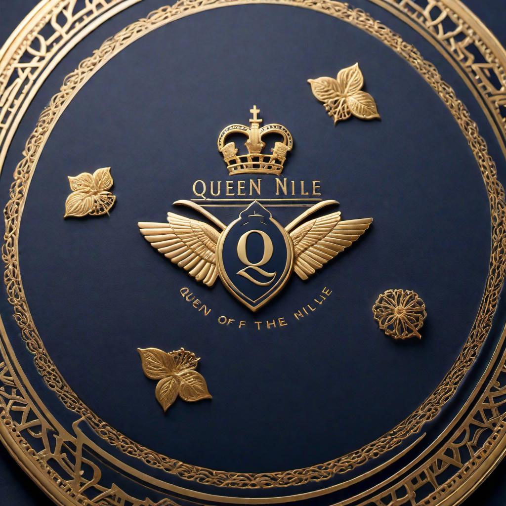  A luxurious clothing label for 'Queen of the Nile' featuring the previous logo, with navy and gold colors. The label should have an elegant and sophisticated font in English. The design should reflect the luxurious feel of the brand, with royal elements and clear readability. hyperrealistic, full body, detailed clothing, highly detailed, cinematic lighting, stunningly beautiful, intricate, sharp focus, f/1. 8, 85mm, (centered image composition), (professionally color graded), ((bright soft diffused light)), volumetric fog, trending on instagram, trending on tumblr, HDR 4K, 8K