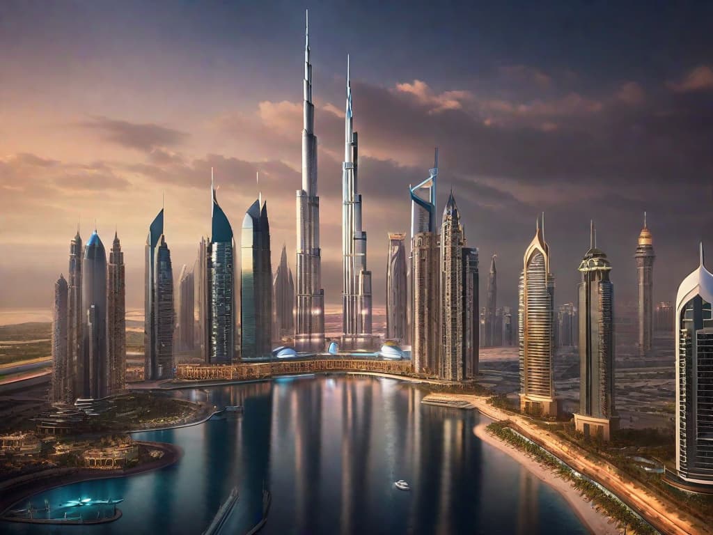  A futuristic skyline of Dubai with sleek, modern buildings and advanced technology integrated into the architecture. The image showcases the seamless blend of artificial intelligence and real estate in the bustling city, symbolizing the revolution of AI in the real estate market. digital art, ilustration, no flares, clean hyperrealistic, full body, detailed clothing, highly detailed, cinematic lighting, stunningly beautiful, intricate, sharp focus, f/1. 8, 85mm, (centered image composition), (professionally color graded), ((bright soft diffused light)), volumetric fog, trending on instagram, trending on tumblr, HDR 4K, 8K