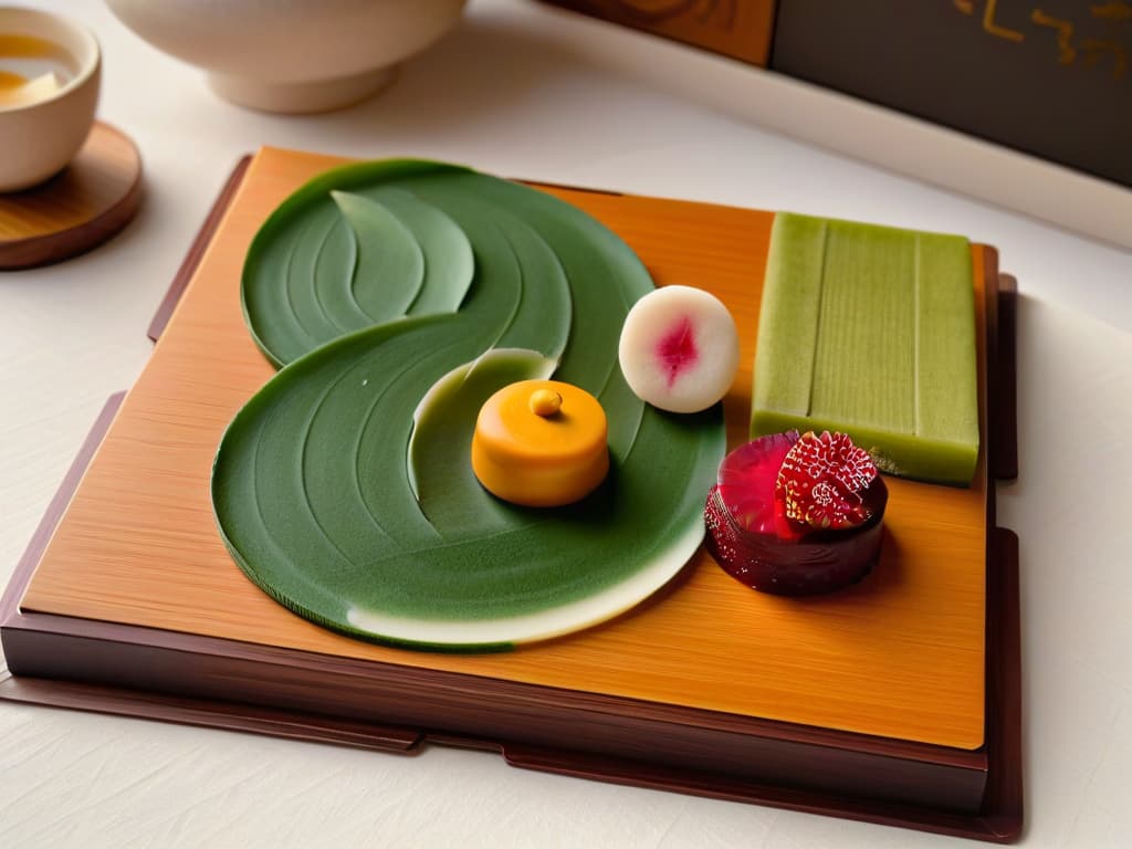  An ultradetailed closeup image of a traditional Japanese wagashi dessert being delicately handcrafted by a skilled artisan in a serene Kyoto tea house. The intricate details of the confectionery, featuring vibrant colors and meticulous shaping, are highlighted against a backdrop of minimalist tatami mats and bamboo utensils, evoking a sense of tranquility and precision. hyperrealistic, full body, detailed clothing, highly detailed, cinematic lighting, stunningly beautiful, intricate, sharp focus, f/1. 8, 85mm, (centered image composition), (professionally color graded), ((bright soft diffused light)), volumetric fog, trending on instagram, trending on tumblr, HDR 4K, 8K