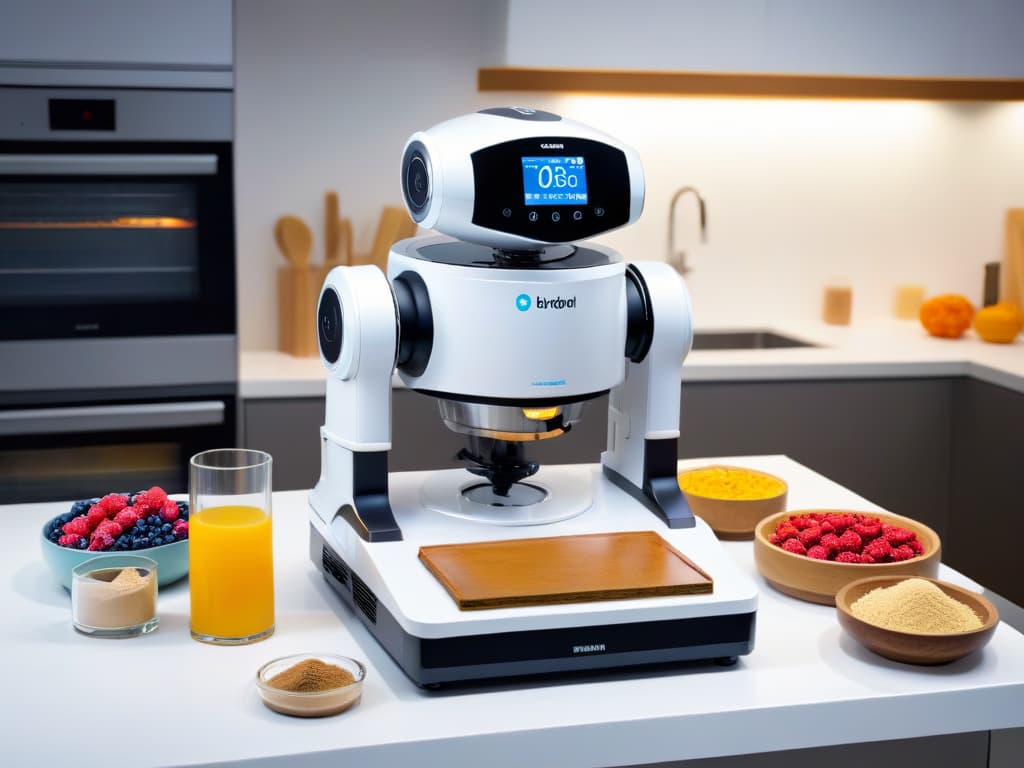  A photorealistic image of a sleek and modern multifunctional kitchen robot specifically designed for pastry making. The robot is shown on a pristine white countertop, surrounded by an array of colorful and neatly organized baking ingredients such as flour, sugar, eggs, and berries. The machine features a digital display with various settings for different baking tasks, and its polished metallic exterior gleams under the warm glow of soft overhead lighting, creating a visually appealing and professional kitchen setup. hyperrealistic, full body, detailed clothing, highly detailed, cinematic lighting, stunningly beautiful, intricate, sharp focus, f/1. 8, 85mm, (centered image composition), (professionally color graded), ((bright soft diffused light)), volumetric fog, trending on instagram, trending on tumblr, HDR 4K, 8K