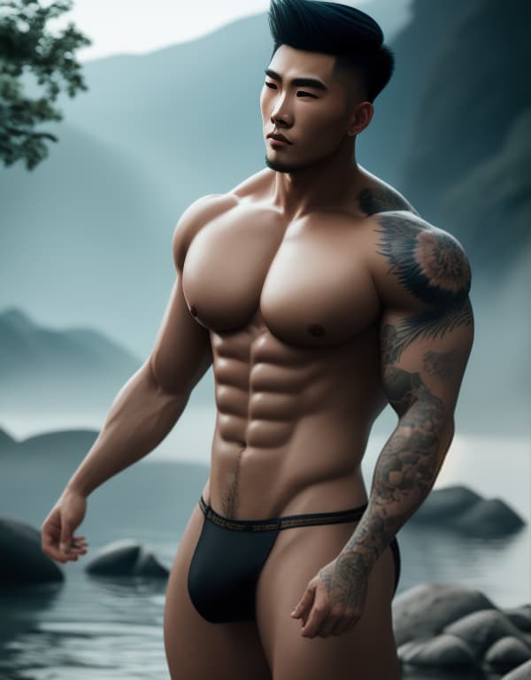  muscle, tattooed Chinese beautiful boy taking a in river with white hair,  whole dorsal body，chest hair hyperrealistic, full body, detailed clothing, highly detailed, cinematic lighting, stunningly beautiful, intricate, sharp focus, f/1. 8, 85mm, (centered image composition), (professionally color graded), ((bright soft diffused light)), volumetric fog, trending on instagram, trending on tumblr, HDR 4K, 8K