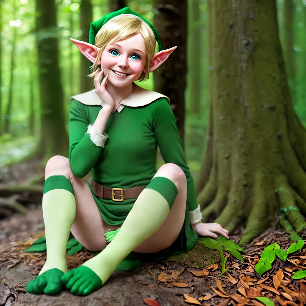  Elf, smiling, in the woods, green stockings, rosy cheeks, soft look, short blonde hair, fixes her hair, looks up, sits up