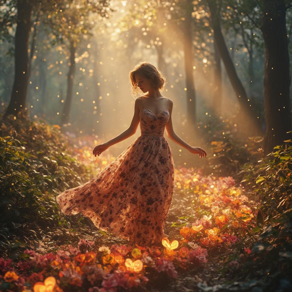  good quality, high quality, a magical scene where an elegant woman in a flowing, flowered gown walks through a mystical landscape. with each step she takes, a trail of vibrant flowers blooms behind her, forming heart shapes as they trail off. her dress sparkles with soft glowing light, and the entire scene is filled with a dreamy, ethereal aura. the background blends into a magical landscape with glowing heart shaped flower trails, soft sparkles, and glowing light, emphasizing her connection to nature and magic.