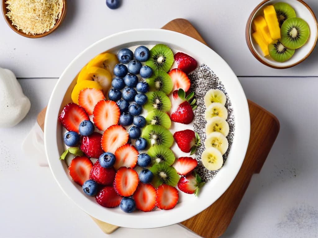  A visually striking image of a vibrant smoothie bowl topped with a colorful array of fresh fruits such as sliced strawberries, blueberries, kiwi, and banana slices, drizzled with honey and sprinkled with chia seeds, coconut flakes, and edible flowers, all neatly arranged in an aesthetically pleasing and minimalistic design on a white ceramic bowl. The fruits should be perfectly ripe, showcasing their natural colors and textures, creating an inviting and appetizing image that complements the theme of creative toppings for smoothie bowls. hyperrealistic, full body, detailed clothing, highly detailed, cinematic lighting, stunningly beautiful, intricate, sharp focus, f/1. 8, 85mm, (centered image composition), (professionally color graded), ((bright soft diffused light)), volumetric fog, trending on instagram, trending on tumblr, HDR 4K, 8K