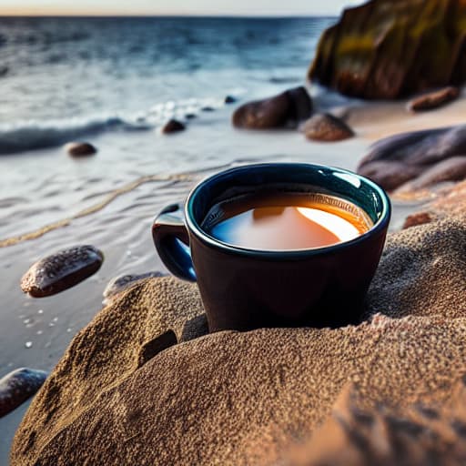  coffee on a shore, 4 mega pixel hyperrealistic, full body, detailed clothing, highly detailed, cinematic lighting, stunningly beautiful, intricate, sharp focus, f/1. 8, 85mm, (centered image composition), (professionally color graded), ((bright soft diffused light)), volumetric fog, trending on instagram, trending on tumblr, HDR 4K, 8K