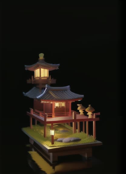  masterpiece, best quality,(fidelity: 1.4), best quality, masterpiece, ultra high resolution, 8k resolution, night view inspired by Japanese art, featuring a garden illuminated by paper lanterns and a wooden bridge spanning a tranquil lake, with a small Zen temple by the lake. The water reflects the stars.,