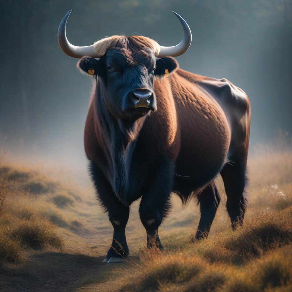  Bull Yak hyperrealistic, full body, detailed clothing, highly detailed, cinematic lighting, stunningly beautiful, intricate, sharp focus, f/1. 8, 85mm, (centered image composition), (professionally color graded), ((bright soft diffused light)), volumetric fog, trending on instagram, trending on tumblr, HDR 4K, 8K