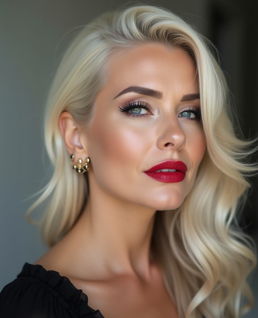  good quality, high quality, mature 40yo woman, side view, closeup face portrait, plus size, expert make up, subtle red lipstick, platinum blonde hair, detailed face, detailed lips, detailed eyes, detailed hair, detailed skin, detailed makeup