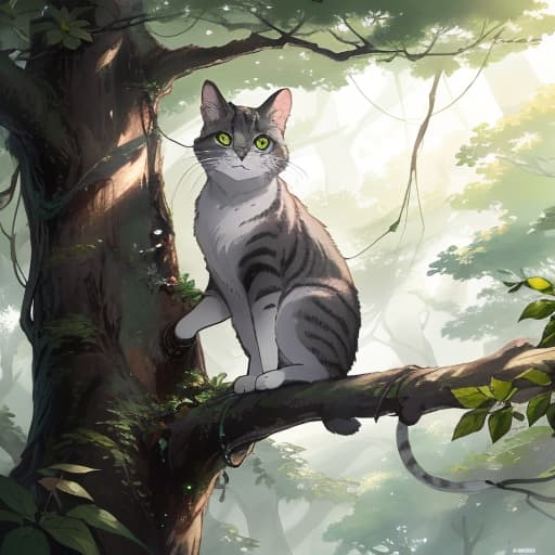  Imaginative drawing of a tree with thick scribbles and colorful patterns on its bark, with the curious grey cat climbing it excitedly, surrounded by green foliage, best quality, very detailed, high resolution, sharp, sharp image hyperrealistic, full body, detailed clothing, highly detailed, cinematic lighting, stunningly beautiful, intricate, sharp focus, f/1. 8, 85mm, (centered image composition), (professionally color graded), ((bright soft diffused light)), volumetric fog, trending on instagram, trending on tumblr, HDR 4K, 8K