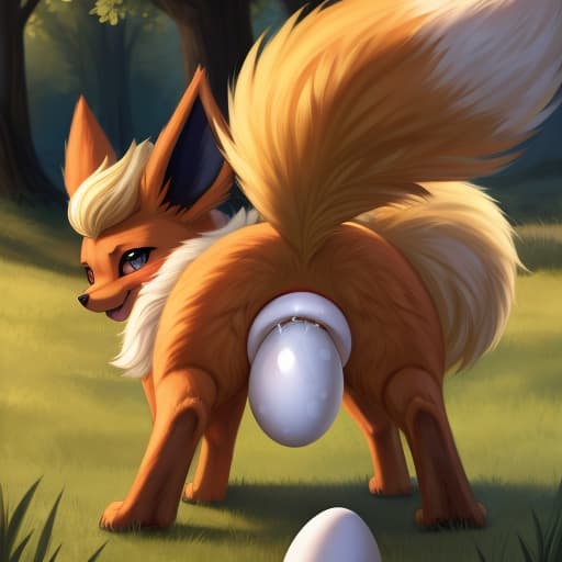  Flareon, feral fox, egg in ass, anal oviposition, view from behind,, open eyes, digital art, masterpiece, 4k, fine details,