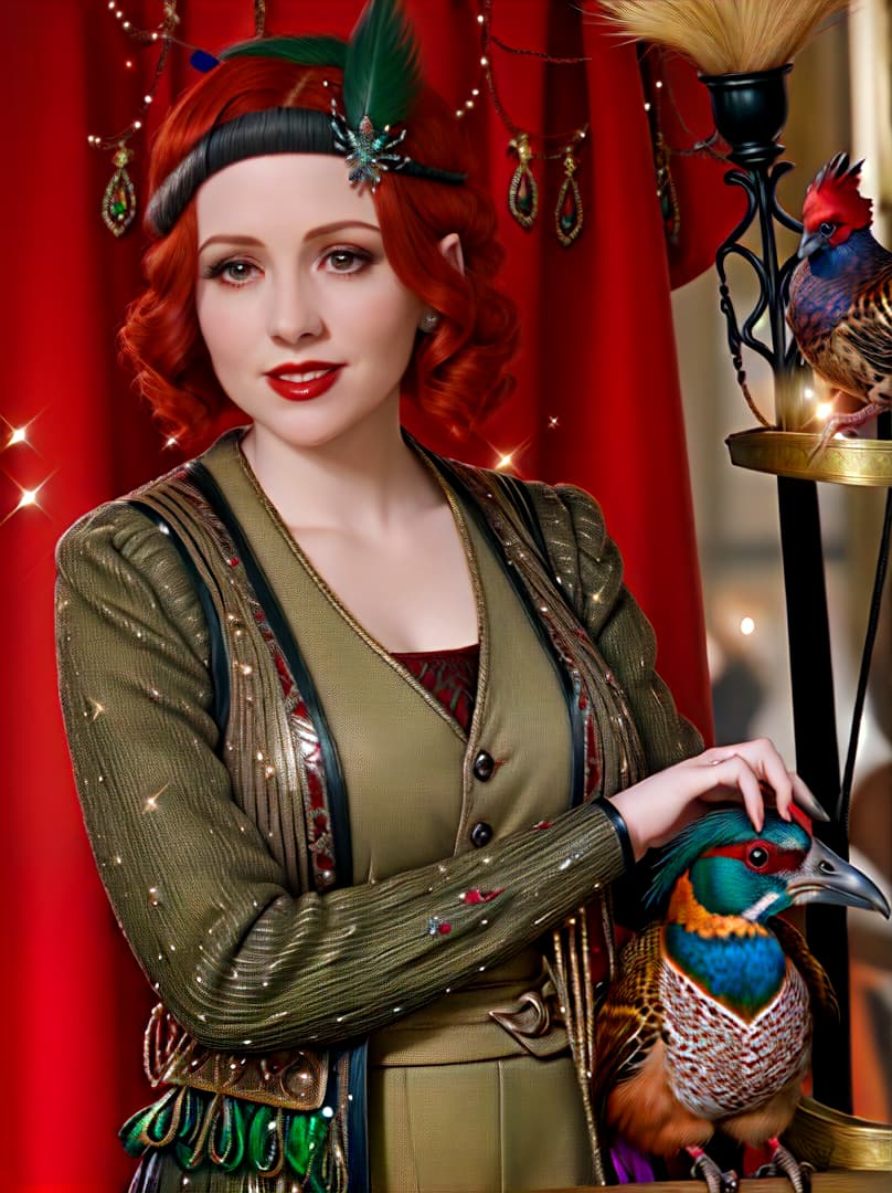  Woman with red hair in 1920s sparkly outfit with pheasant in a waistcoat , Highly defined, highly detailed, sharp focus, (centered image composition), 4K, 8K
