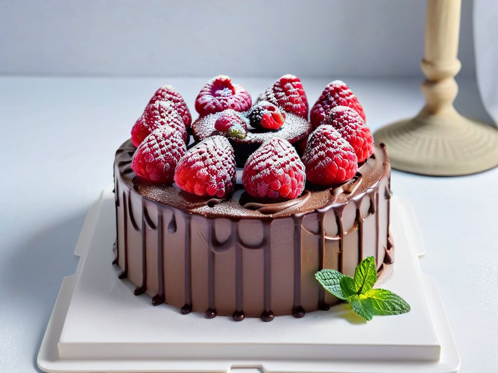  A closeup, ultradetailed image of a perfectly frosted vegan chocolate cake adorned with fresh raspberries and mint leaves on a sleek, white marble cake stand, showcasing intricate swirls and textures of the frosting under soft, natural lighting. hyperrealistic, full body, detailed clothing, highly detailed, cinematic lighting, stunningly beautiful, intricate, sharp focus, f/1. 8, 85mm, (centered image composition), (professionally color graded), ((bright soft diffused light)), volumetric fog, trending on instagram, trending on tumblr, HDR 4K, 8K