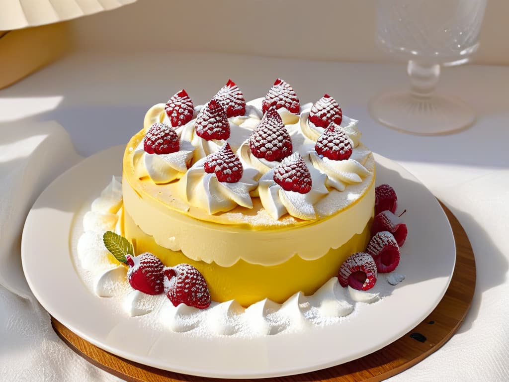  A closeup, ultradetailed image of a pristine white dessert plate with a perfectly sliced lemon meringue pie resting delicately on top. The pie is adorned with a light dusting of powdered sugar and garnished with a single vibrant raspberry on the side. The meringue peaks are perfectly torched, offering a golden hue against the creamy lemon filling. The plate is set against a soft, blurred background, emphasizing the elegance and simplicity of the dessert. hyperrealistic, full body, detailed clothing, highly detailed, cinematic lighting, stunningly beautiful, intricate, sharp focus, f/1. 8, 85mm, (centered image composition), (professionally color graded), ((bright soft diffused light)), volumetric fog, trending on instagram, trending on tumblr, HDR 4K, 8K