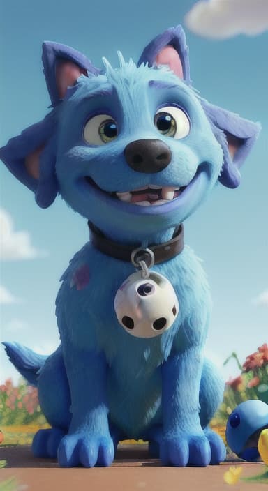  {Max carefully picking up the ball with his teeth without disturbing the flowers, The big blue dog is large with sky blue fur, big round eyes, a black nose, and floppy ears.