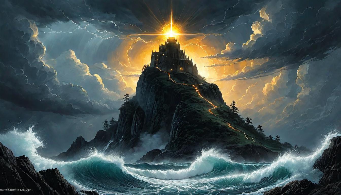  （surrealism)Beacon of incandescent light, piercing through stormy clouds, radiant core, waves of light casting away darkness, hope, resilience, unwavering mystic, intricate details, best quality)