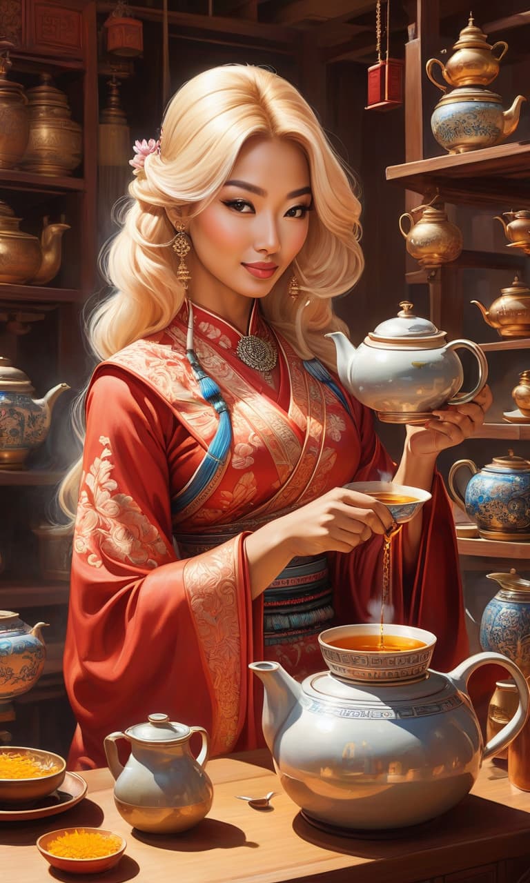  Painting of a place where inventions and adventures feel, very detailed and deep image. A girl with light hair in ethnic clothing pours tea. Use only three colors and their shades. (Translation: Visual Arts depict a place where inventions and adventures feel very detailed and deep. A girl with light colored hair wearing ethnic clothing pours tea. Use only three colors and their shades.) hyperrealistic, full body, detailed clothing, highly detailed, cinematic lighting, stunningly beautiful, intricate, sharp focus, f/1. 8, 85mm, (centered image composition), (professionally color graded), ((bright soft diffused light)), volumetric fog, trending on instagram, trending on tumblr, HDR 4K, 8K