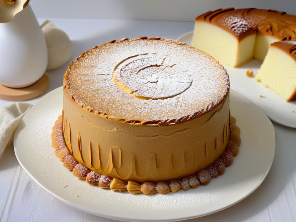  An ultradetailed closeup image of a moist, goldenbrown sponge cake, fresh out of the oven, with a delicate dusting of powdered sugar on top. The cake is placed on a simple, elegant white ceramic plate, set against a soft, blurred background that subtly hints at a cozy kitchen environment. The texture of the cake is incredibly lifelike, showcasing the fine crumb structure and the glistening surface that promises a moist and indulgent treat. This image evokes a sense of warmth, comfort, and the delightful anticipation of savoring a homemade dessert infused with the goodness of kefir. hyperrealistic, full body, detailed clothing, highly detailed, cinematic lighting, stunningly beautiful, intricate, sharp focus, f/1. 8, 85mm, (centered image composition), (professionally color graded), ((bright soft diffused light)), volumetric fog, trending on instagram, trending on tumblr, HDR 4K, 8K