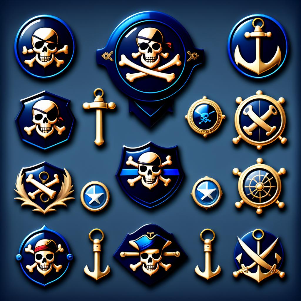  Icons and badges for STIMSER according to level, realistic pirate style, blue and navy colors.