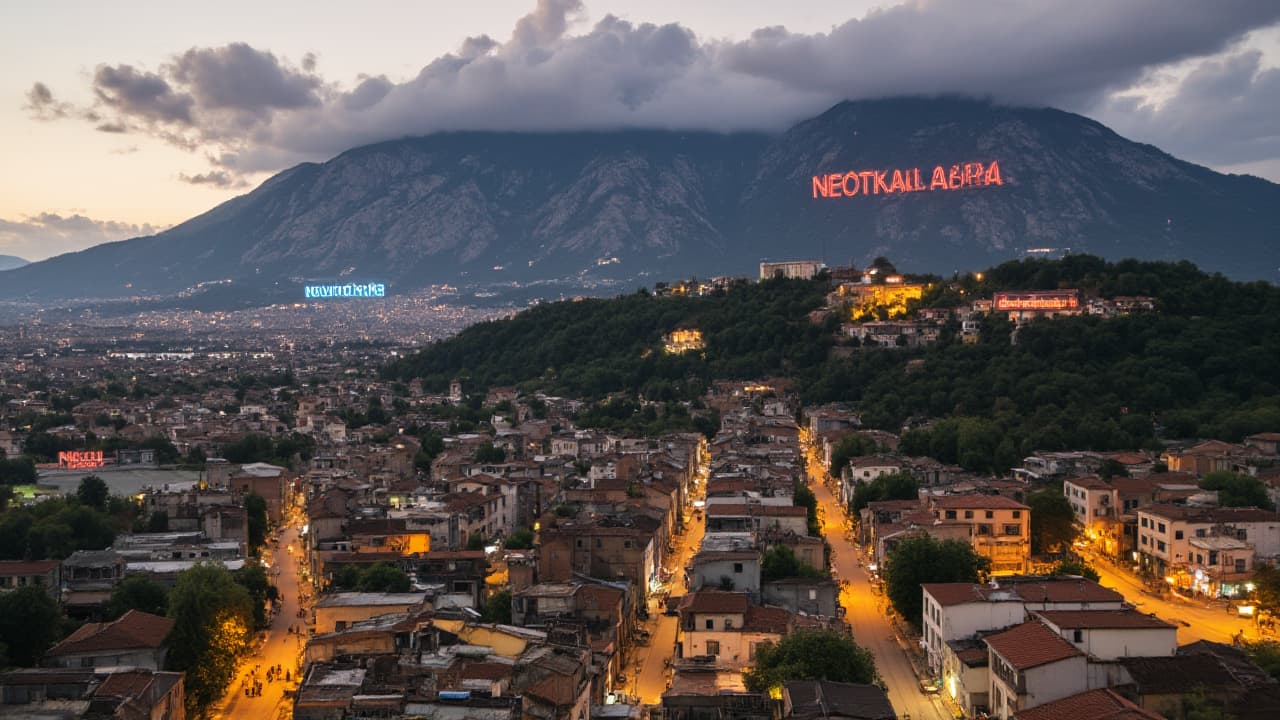  good quality, high quality, an aerial view of neotabira’s suburbs at dusk, with the sky turning dark purple. flickering lights from small markets barely brighten the decaying homes, while the skyline of the city’s medieval center glows faintly. a distant basque mountains bears a large banner with glowing letters reading "neotabira." neon signs of "euskalcorp" and "neurobank" dominate the skyline, casting cold blue and red lights over the sprawling suburbs.