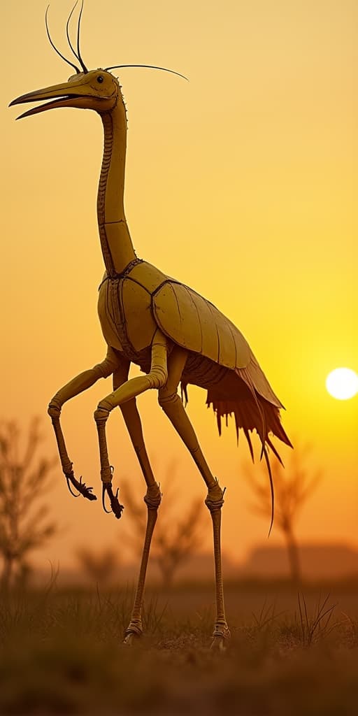  good quality, high quality, a yellow metal creature which is a hybrit between a mantis and a crane, sunset, highly detailed, photorealistic, epic, yellow cranes in the background