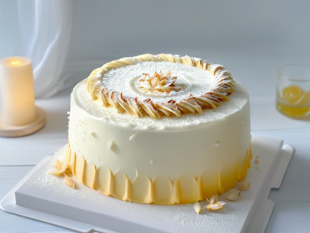  A minimalistic image of a beautifully crafted vegan coconut cake, perfectly moist and topped with a delicate layer of coconut flakes. The cake sits on a modern, sleek white plate against a soft, blurred background to emphasize the cake's texture and the natural ingredients used in its creation. The lighting is soft and natural, casting a gentle shadow that enhances the cake's presentation. The focus is on the intricate details of the cake, showcasing its decadent appearance and inviting the viewer to indulge in a guiltfree, vegan dessert experience. hyperrealistic, full body, detailed clothing, highly detailed, cinematic lighting, stunningly beautiful, intricate, sharp focus, f/1. 8, 85mm, (centered image composition), (professionally color graded), ((bright soft diffused light)), volumetric fog, trending on instagram, trending on tumblr, HDR 4K, 8K