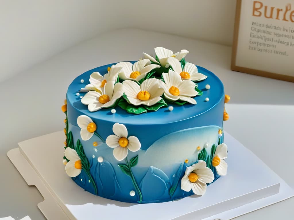  An ultradetailed closeup image of a perfectly glazed and decorated cake placed on a sleek, marble countertop. The cake is adorned with intricate fondant flowers and delicate piping details, showcasing expert craftsmanship. The lighting is soft, highlighting the glossy finish of the glaze and the vibrant colors of the decorations. Every minute detail, from the tiny sugar pearls to the fine texture of the frosting, is crystal clear and incredibly lifelike, inviting viewers to admire the artistry and skill involved in creating such a masterpiece. hyperrealistic, full body, detailed clothing, highly detailed, cinematic lighting, stunningly beautiful, intricate, sharp focus, f/1. 8, 85mm, (centered image composition), (professionally color graded), ((bright soft diffused light)), volumetric fog, trending on instagram, trending on tumblr, HDR 4K, 8K