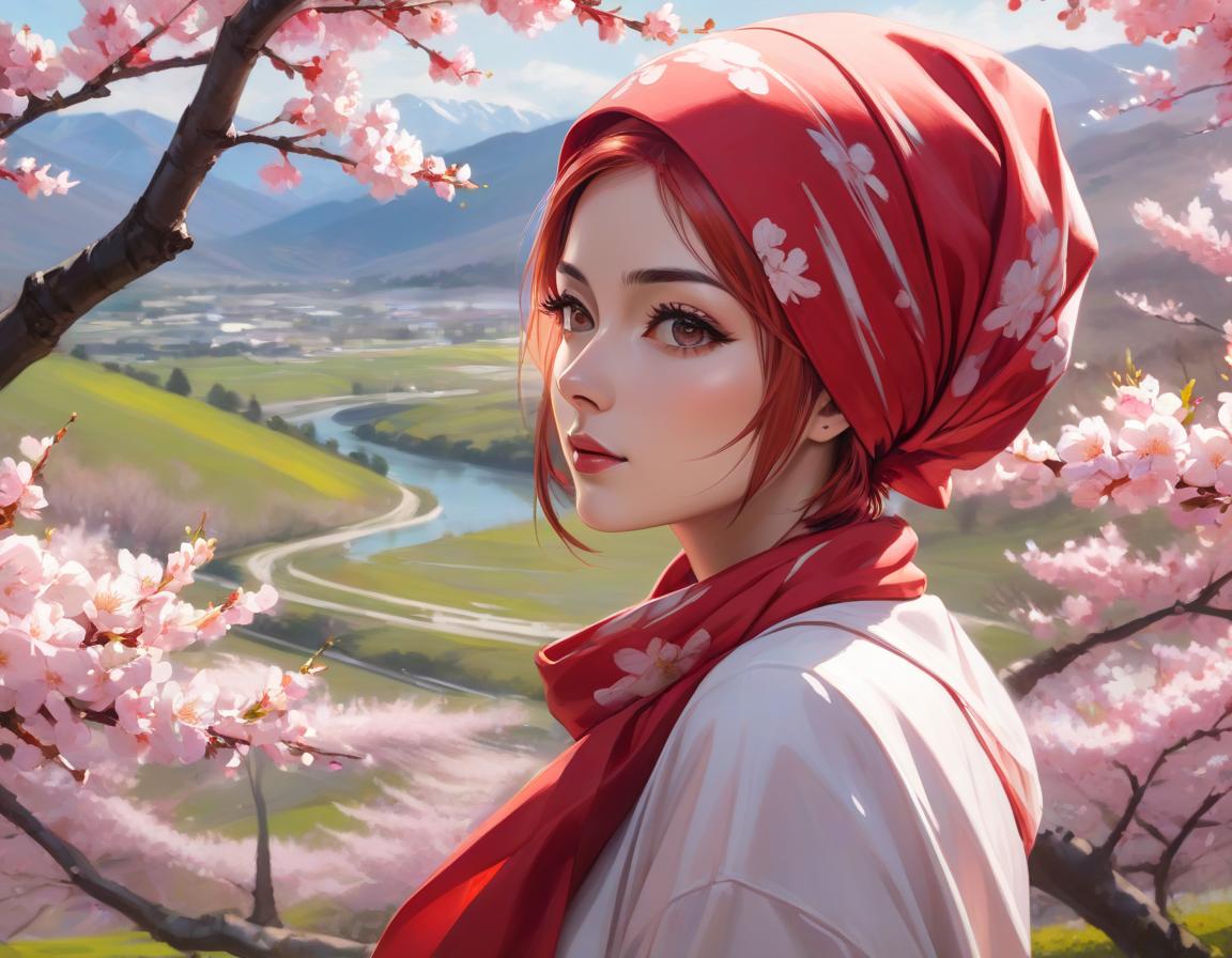  abstract expressionist painting A digital art portrait of a woman with a red headscarf, cherry blossoms in her hair, and serene landscape in the background. . energetic brushwork, bold colors, abstract forms, expressive, emotional hyperrealistic, full body, detailed clothing, highly detailed, cinematic lighting, stunningly beautiful, intricate, sharp focus, f/1. 8, 85mm, (centered image composition), (professionally color graded), ((bright soft diffused light)), volumetric fog, trending on instagram, trending on tumblr, HDR 4K, 8K