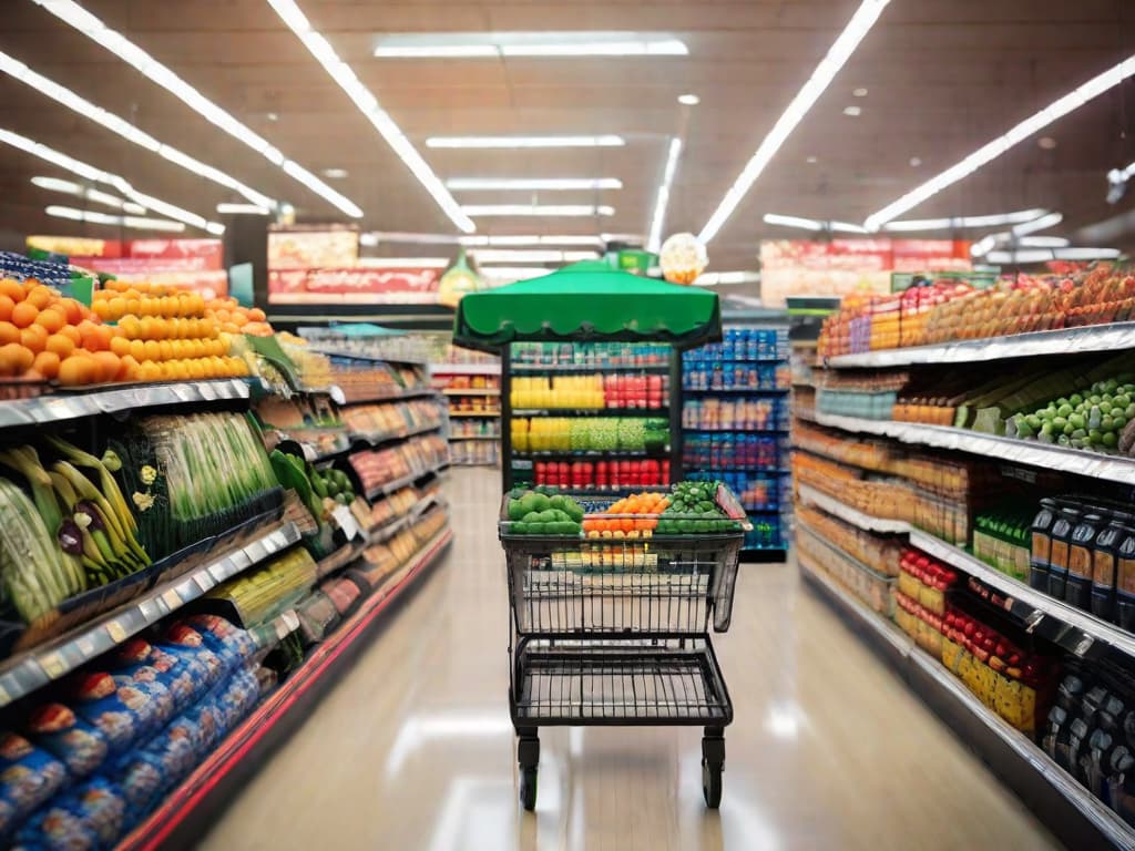  A futuristic shopping cart equipped with AI technology navigates through a bustling supermarket, seamlessly guiding itself through aisles and suggesting personalized product recommendations to a delighted shopper. The cart's sleek design and advanced features showcase the seamless integration of AI into everyday consumer experiences. digital art, ilustration, no flares, clean hyperrealistic, full body, detailed clothing, highly detailed, cinematic lighting, stunningly beautiful, intricate, sharp focus, f/1. 8, 85mm, (centered image composition), (professionally color graded), ((bright soft diffused light)), volumetric fog, trending on instagram, trending on tumblr, HDR 4K, 8K