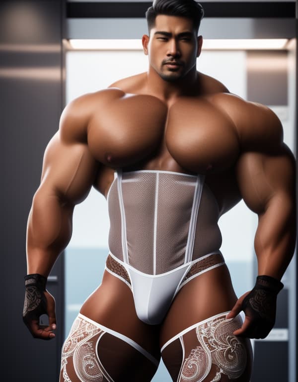  Asian，huge beefy bodybuilder man, in lace silk corset bodysuit uniform. lace bra, lingerie, in a locker room. with large bulging crotch and a white stocking suspender belt around the waist long sexy stockings, big bulge, huge back round muscle ass, huge round back. huge breast, huge tits, huge boobs, 3D hyperrealistic, full body, detailed clothing, highly detailed, cinematic lighting, stunningly beautiful, intricate, sharp focus, f/1. 8, 85mm, (centered image composition), (professionally color graded), ((bright soft diffused light)), volumetric fog, trending on instagram, trending on tumblr, HDR 4K, 8K