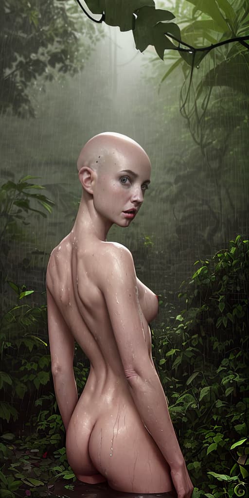  bald-girl, dirty, naked, with her back, in the jungle, it's raining, looking at me