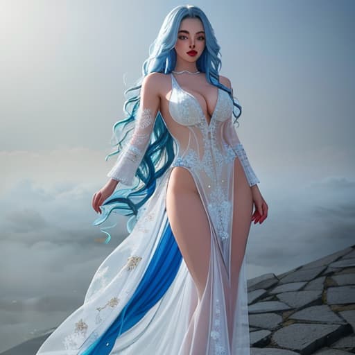  beautiful woman with long wavy blue hair icey blue eyes red lipstick blue rose tattoo hyperrealistic, full body, detailed clothing, highly detailed, cinematic lighting, stunningly beautiful, intricate, sharp focus, f/1. 8, 85mm, (centered image composition), (professionally color graded), ((bright soft diffused light)), volumetric fog, trending on instagram, trending on tumblr, HDR 4K, 8K