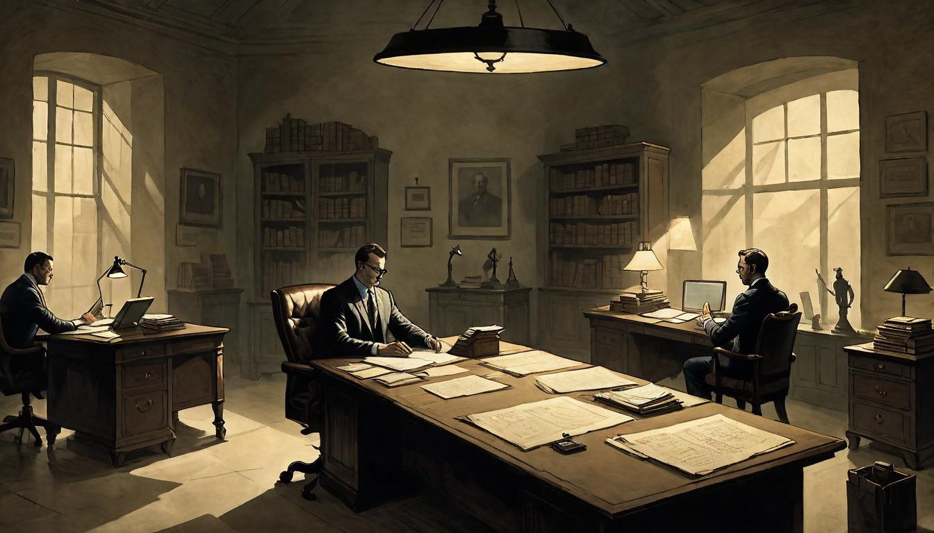  on parchment, surrealism+++, A dimly lit office space, one figure casting an elongated shadow over another working diligently, unnoticed sabotage. Subdued lighting, foreboding shadows envelop the scene, air of conspiracy, silent betrayal, the weight of uncertain intentions.(mysterious, provocative, symbolic,muted color)+++