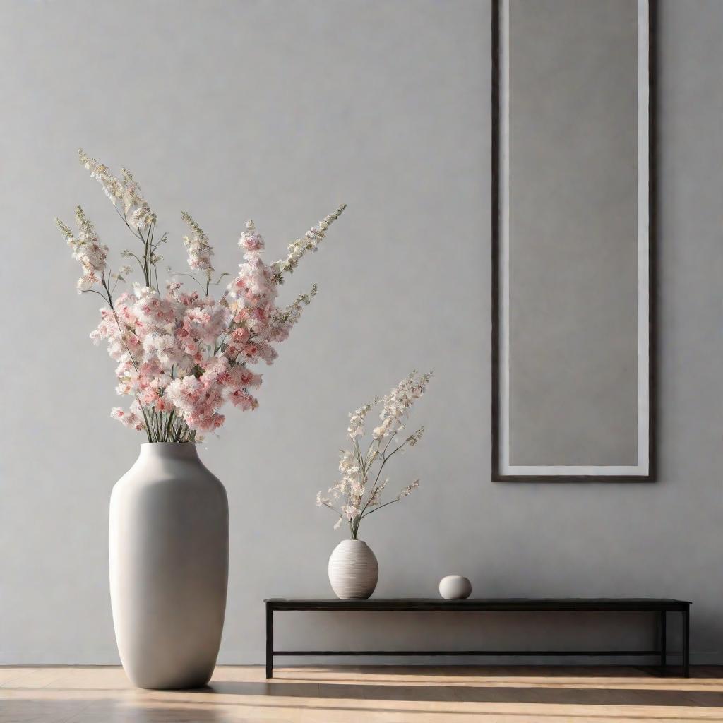  masterpiece, best quality, porcelain vase with flowers, sunlight, gray background, minimalism, Best Quality, Masterpiece, 8k resolution,high resolution concept art of an apartment living room with floor to ceiling windows and modern furniture