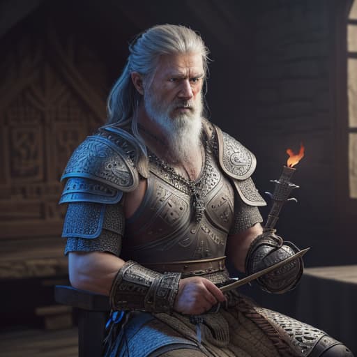  Highest quality, masterpiece, photorealistic, medium shot, RAW photo, of (a weary-looking but still proud and fierce-looking old Viking warrior, now the leader of his village, dressed in elaborately detailed chain mail and leather armour, sitting on a carved wooden throne furrowed with Viking runes and symbols, in the village meeting hall, on his lap rests an elaborately carved and beautifully crafted longsword, a few torches burn on the walls, giving the scene a dark atmosphere but sculpting the forms in sharp chiaroscuro), it is night time, (highly detailed skin), skin texture, (detailed face), detailed background, sharp focus, dark lighting, twilight lighting, volumetric lighting, highly detailed, intricate details, 8k, highly detailed,  hyperrealistic, full body, detailed clothing, highly detailed, cinematic lighting, stunningly beautiful, intricate, sharp focus, f/1. 8, 85mm, (centered image composition), (professionally color graded), ((bright soft diffused light)), volumetric fog, trending on instagram, trending on tumblr, HDR 4K, 8K