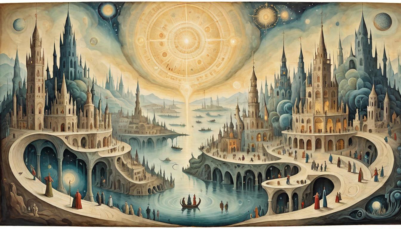  on parchment, surrealism+++, Multiple luminous figures radiating light, each influencing various scenes such as a city, nature, and a cosmic background, interconnected luminous threads, expansive and awe inspiring(mysterious, provocative, symbolic,muted color)+++