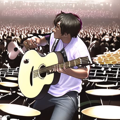  a musician infront of a big crowd holding a guitar