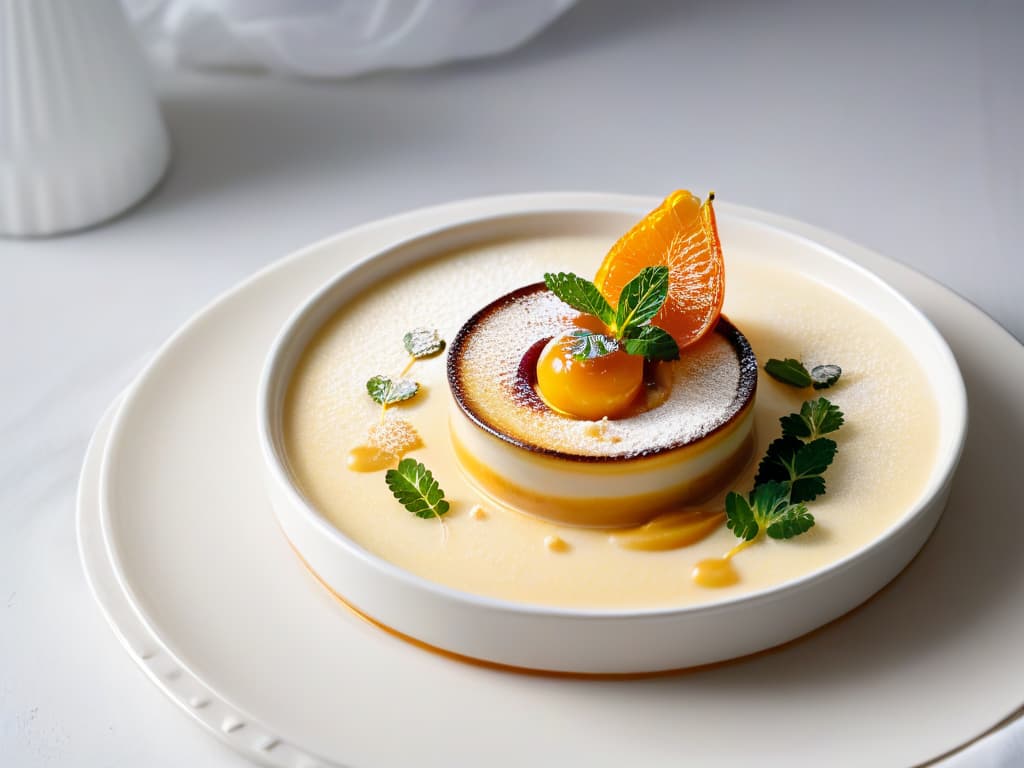  A highresolution, ultradetailed image of a modern twist on traditional Crema Catalana served in a sleek, minimalist white ceramic dish. The dessert is beautifully presented with a perfectly caramelized sugar topping, delicate garnishes of fresh mint leaves, and a sprinkle of grated orange zest. The background is softly blurred to emphasize the elegant simplicity of the dish, highlighting the creamy texture and inviting colors of the dessert. hyperrealistic, full body, detailed clothing, highly detailed, cinematic lighting, stunningly beautiful, intricate, sharp focus, f/1. 8, 85mm, (centered image composition), (professionally color graded), ((bright soft diffused light)), volumetric fog, trending on instagram, trending on tumblr, HDR 4K, 8K