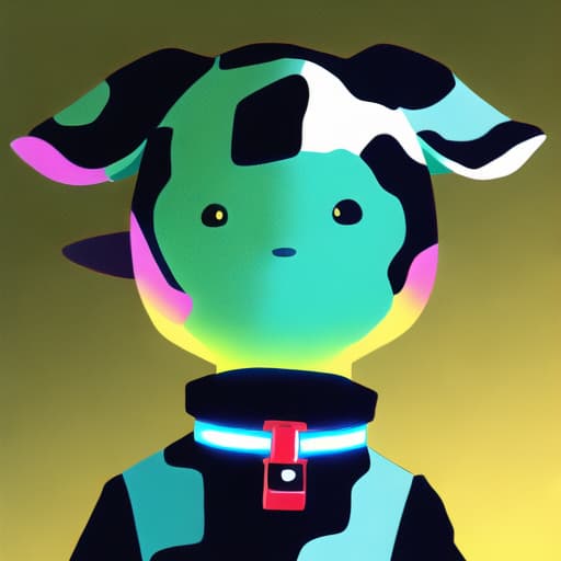  cow 👽 alien, wearing dog [*collar] on neck, (*collar Complementary color schemes must be blue, yellow, green).