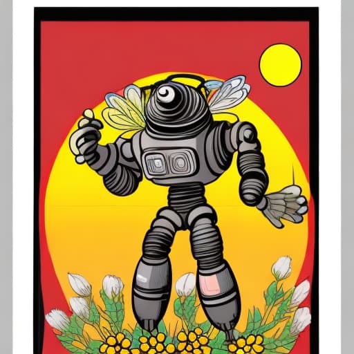  an alien bee monster brings bunch of flowers to a bare naked totally nude beautiful lady with enormous big nipples, beside is a cute classic tin toy robot, vintage space poster, Retro Illustration style, science fiction movie poster, sci-fi book cover style, spaceships and ufos in the background, minimalistic Graphic Design, colorful, vivid colors, vibrant colors