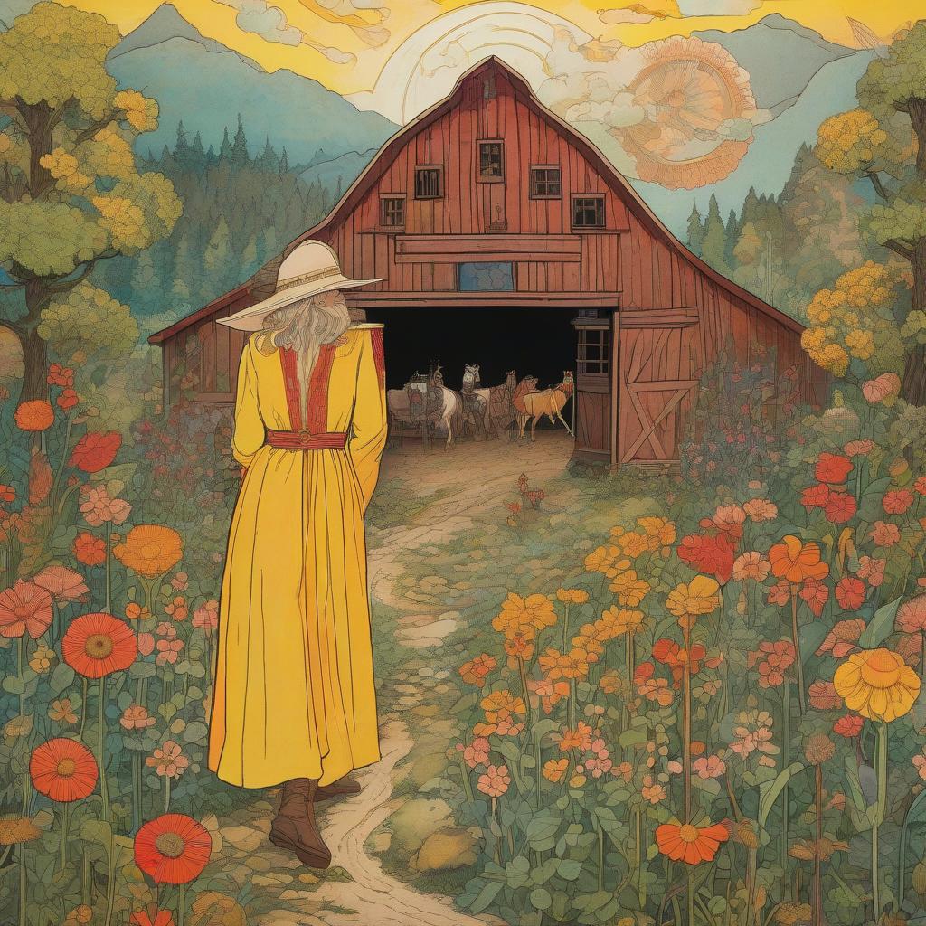  (stylized by Henry Darger:1.0) , scene art, Vector Art, Ludicrous Uptight (Barn:1.3) , anthropomorphic with a face, woods and Flower background, space, Sunny, shallow depth of field, outsider art, "The Realms of the Unreal," fantastical and disturbing imagery, exploration of childhood and innocence, cinematic light, grand illumination, vivid colors, stunning detail, highly detailed, rich vivid colors hyperrealistic, full body, detailed clothing, highly detailed, cinematic lighting, stunningly beautiful, intricate, sharp focus, f/1. 8, 85mm, (centered image composition), (professionally color graded), ((bright soft diffused light)), volumetric fog, trending on instagram, trending on tumblr, HDR 4K, 8K