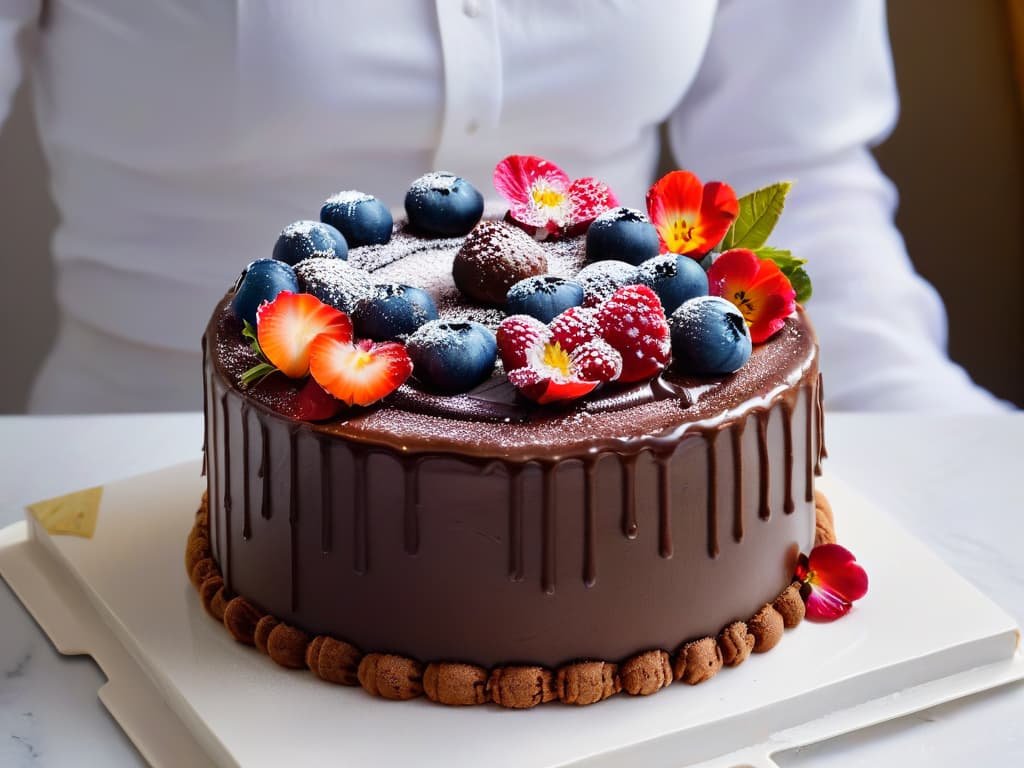  A closeup, ultradetailed image of a decadent vegan chocolate cake topped with fresh berries and edible flowers, set on a modern marble cake stand. The glossy ganache drips elegantly down the sides of the cake, showcasing intricate layers of moist sponge filled with rich vegan chocolate frosting. The vibrant colors of the berries and flowers pop against the dark chocolate backdrop, inviting viewers to indulge in the delicious world of vegan desserts. hyperrealistic, full body, detailed clothing, highly detailed, cinematic lighting, stunningly beautiful, intricate, sharp focus, f/1. 8, 85mm, (centered image composition), (professionally color graded), ((bright soft diffused light)), volumetric fog, trending on instagram, trending on tumblr, HDR 4K, 8K